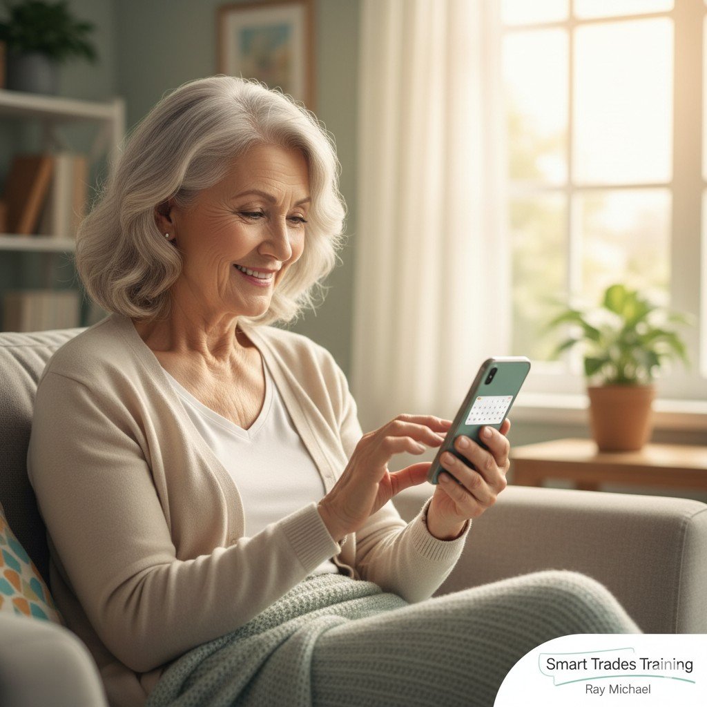 Smiling senior lady using her smartphone